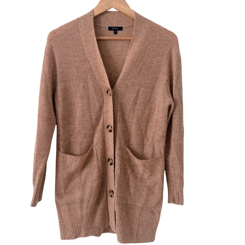 Quince Ribbed Cardigan Women Size S Brown Excellent V-Neck Button Front Pocket